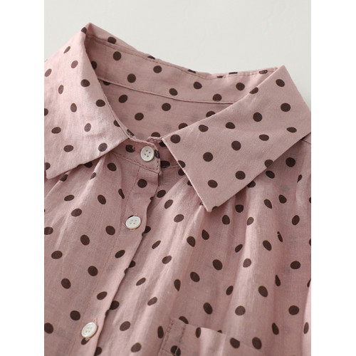 出口日單外單夏季棉麻波點短袖襯衫休閒顯瘦單排釦口袋上衣女