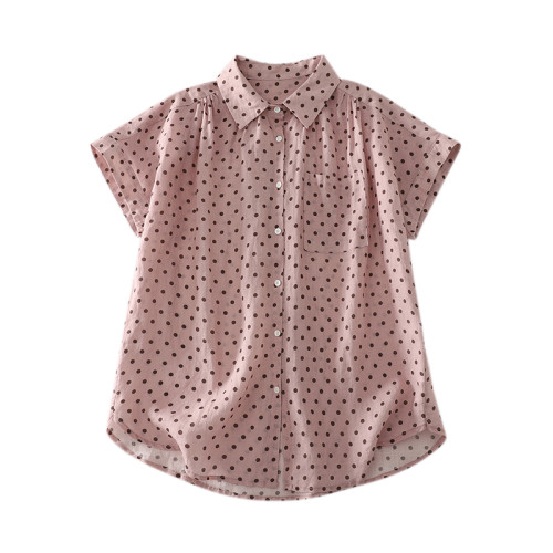 出口日單外單夏季棉麻波點短袖襯衫休閒顯瘦單排釦口袋上衣女