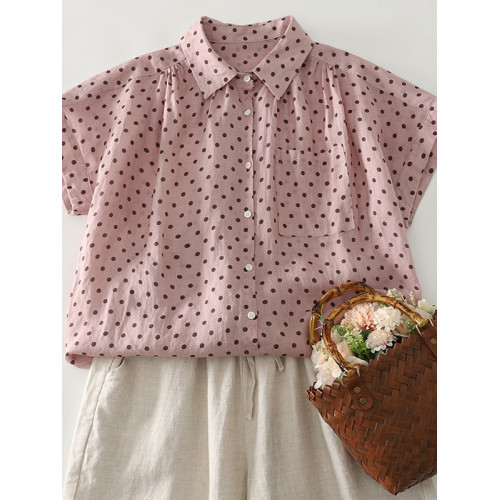 出口日單外單夏季棉麻波點短袖襯衫休閒顯瘦單排釦口袋上衣女