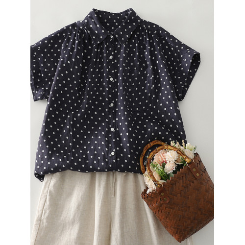 出口日單外單夏季棉麻波點短袖襯衫休閒顯瘦單排釦口袋上衣女