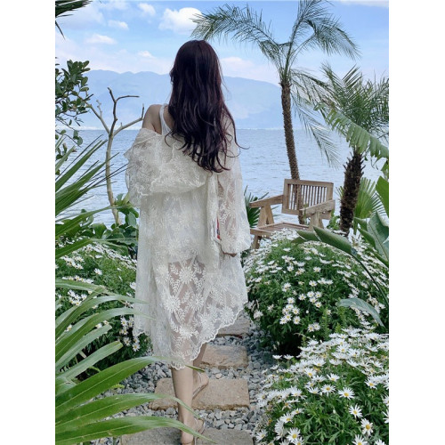 度假長款開衫超仙蕾絲鉤花連帽外套女寬鬆輕薄刺綉網紗鏤空防曬衣