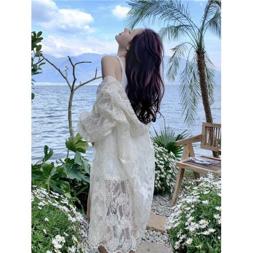 度假長款開衫超仙蕾絲鉤花連帽外套女寬鬆輕薄刺綉網紗鏤空防曬衣