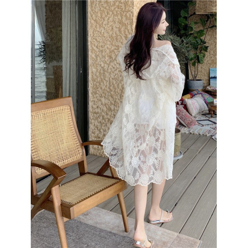 度假長款開衫超仙蕾絲鉤花連帽外套女寬鬆輕薄刺綉網紗鏤空防曬衣