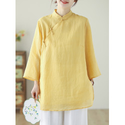 高級原單出口女裝復古斜襟盤釦七分袖襯衫中長款立領棉麻上衣