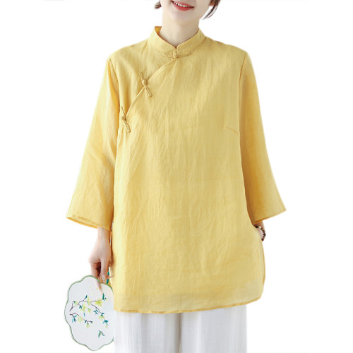 高級原單出口女裝復古斜襟盤釦七分袖襯衫中長款立領棉麻上衣