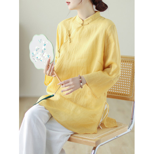 高級原單出口女裝復古斜襟盤釦七分袖襯衫中長款立領棉麻上衣