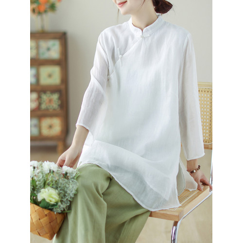 高級原單出口女裝復古斜襟盤釦七分袖襯衫中長款立領棉麻上衣