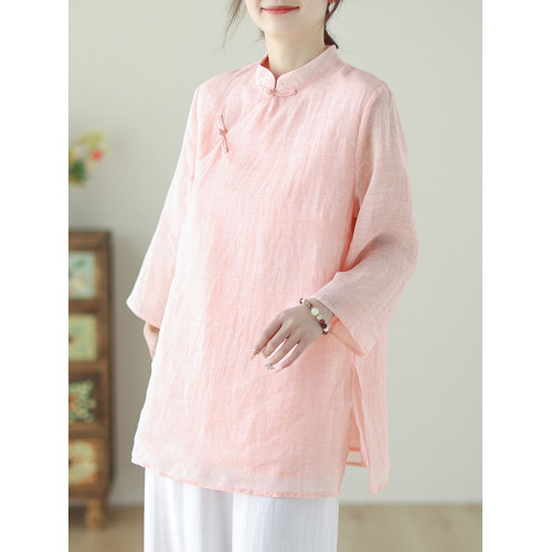 高級原單出口女裝復古斜襟盤釦七分袖襯衫中長款立領棉麻上衣