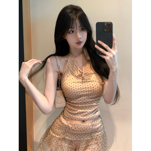 千金風氣質高級感網紗波點綁帶掛脖背心超短半身裙兩件套裝上衣女