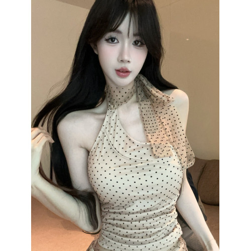 千金風氣質高級感網紗波點綁帶掛脖背心超短半身裙兩件套裝上衣女