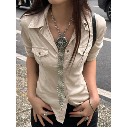 ROCKMORE【酷帥街頭】米白色繙領單排釦口袋工裝襯衫辣妹修身上衣