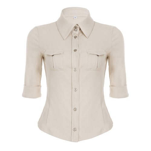 ROCKMORE【酷帥街頭】米白色繙領單排釦口袋工裝襯衫辣妹修身上衣