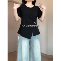 大碼法式純色圓領短袖t恤女夏季胖mm顯瘦遮肉不規則收腰絕美上衣