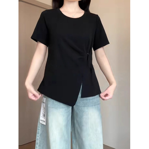 大碼法式純色圓領短袖t恤女夏季胖mm顯瘦遮肉不規則收腰絕美上衣