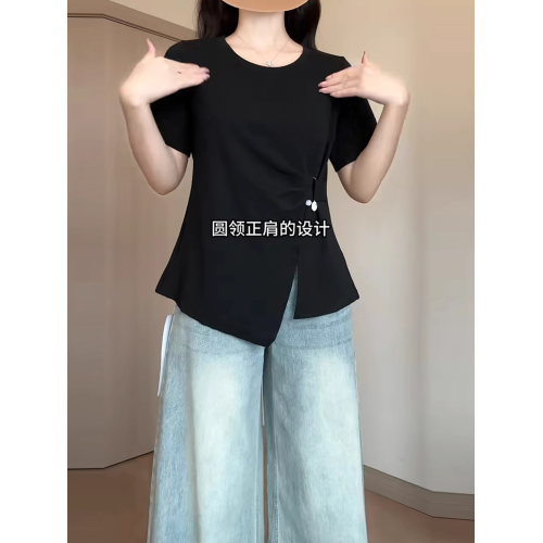 大碼法式純色圓領短袖t恤女夏季胖mm顯瘦遮肉不規則收腰絕美上衣