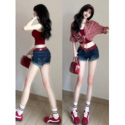 日系復古紅色格子襯衫外套女夏季vintage松弛感甜辣防曬襯衣外套