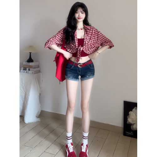 日系復古紅色格子襯衫外套女夏季vintage松弛感甜辣防曬襯衣外套