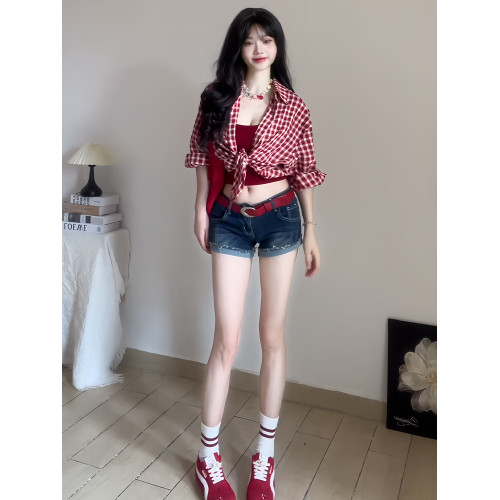 日系復古紅色格子襯衫外套女夏季vintage松弛感甜辣防曬襯衣外套