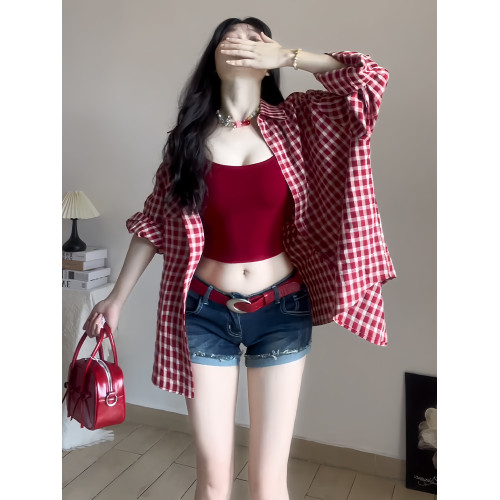 日系復古紅色格子襯衫外套女夏季vintage松弛感甜辣防曬襯衣外套