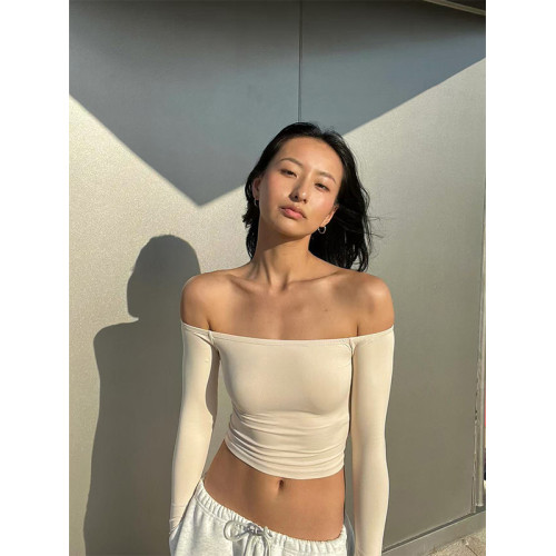 Turn right/陳大腿 一字肩設計感百搭上衣女時髦修身顯瘦性感T恤