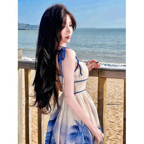 新中式國風海島穿搭度假風吊帶連衣裙女春夏旅遊拍照絕美收腰長裙