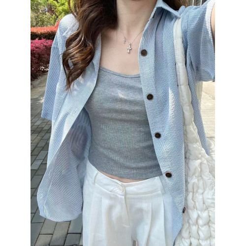 森系藍色短袖襯衫女小個子2025夏季新款上衣寬鬆遮肉百搭襯衣外穿