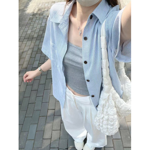 森系藍色短袖襯衫女小個子2025夏季新款上衣寬鬆遮肉百搭襯衣外穿