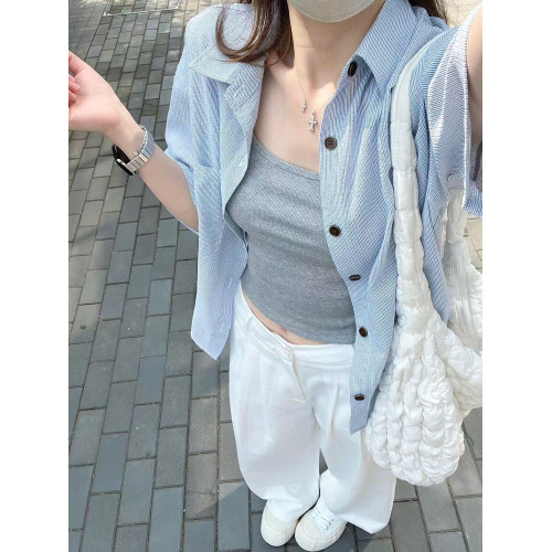 森系藍色短袖襯衫女小個子2025夏季新款上衣寬鬆遮肉百搭襯衣外穿