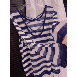 韓版薄款鏤空交叉防曬長袖條紋針織衫寬鬆顯瘦上衣2025夏季t恤女