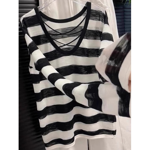 韓版薄款鏤空交叉防曬長袖條紋針織衫寬鬆顯瘦上衣2025夏季t恤女