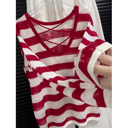 韓版薄款鏤空交叉防曬長袖條紋針織衫寬鬆顯瘦上衣2025夏季t恤女