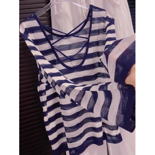 韓版薄款鏤空交叉防曬長袖條紋針織衫寬鬆顯瘦上衣2025夏季t恤女