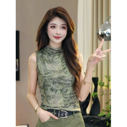 時尚立領網紗字母印花打底衫女2025夏季新款辣妹內搭無袖修身上衣