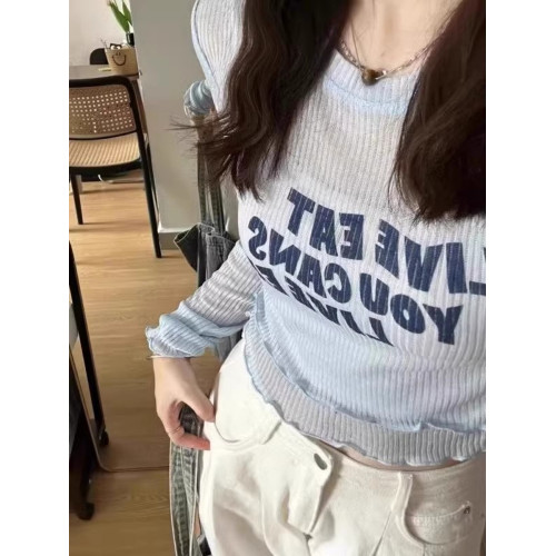 法式假兩件藍色冰絲短款長袖上衣女夏季辣妹外搭薄款針織防曬罩衫