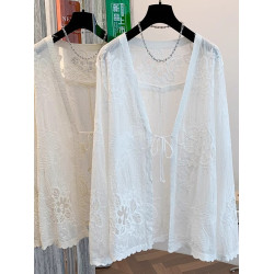 薄款V領系帶蕾絲防曬長袖外套女夏季大碼胖mm中長款外搭開衫上衣