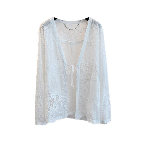 薄款V領系帶蕾絲防曬長袖外套女夏季大碼胖mm中長款外搭開衫上衣