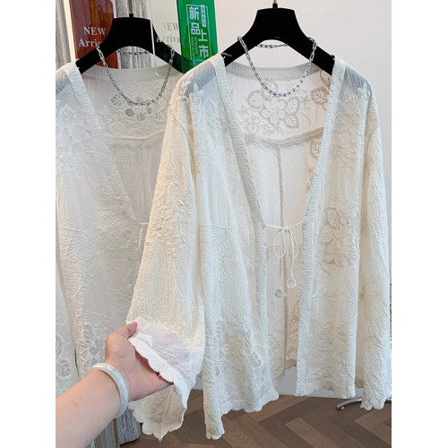 薄款V領系帶蕾絲防曬長袖外套女夏季大碼胖mm中長款外搭開衫上衣