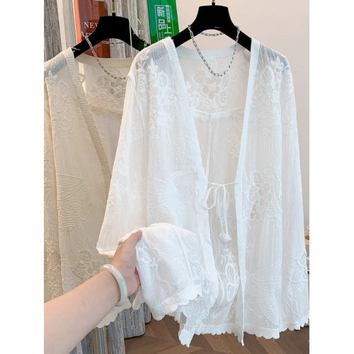 薄款V領系帶蕾絲防曬長袖外套女夏季大碼胖mm中長款外搭開衫上衣