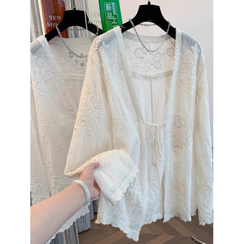 薄款V領系帶蕾絲防曬長袖外套女夏季大碼胖mm中長款外搭開衫上衣