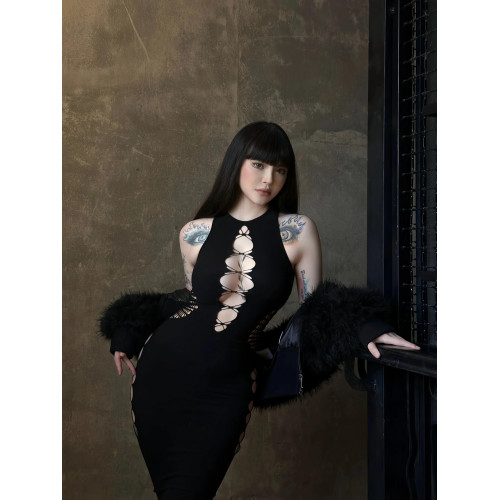 OUTFlT STUDIO 歐美辣妹風網眼鏤空連衣裙2025新款緊身開叉包臀裙