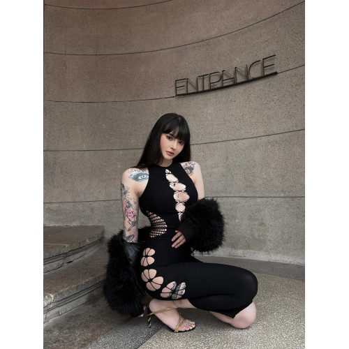 OUTFlT STUDIO 歐美辣妹風網眼鏤空連衣裙2025新款緊身開叉包臀裙