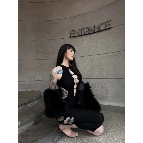 OUTFlT STUDIO 歐美辣妹風網眼鏤空連衣裙2025新款緊身開叉包臀裙