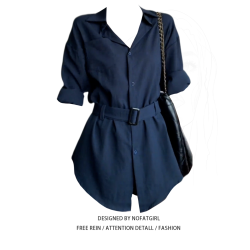 大碼胖MM法式復古長袖襯衫女夏季新款綁帶收腰顯瘦設計感別致襯衣