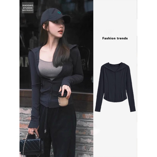 黑色冰絲防曬衣女款夏季透氣防紫外線修身顯瘦連帽運動瑜珈服外套