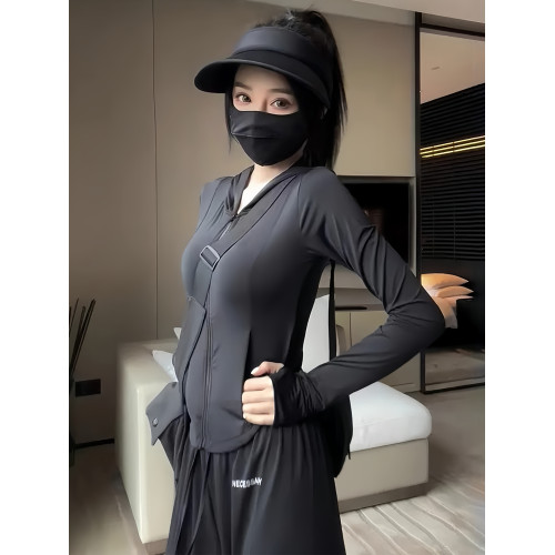 黑色冰絲防曬衣女款夏季透氣防紫外線修身顯瘦連帽運動瑜珈服外套
