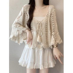 法式鉤花鏤空喇叭袖外搭罩衫女2026夏新款大碼胖mm波西米亞風上衣