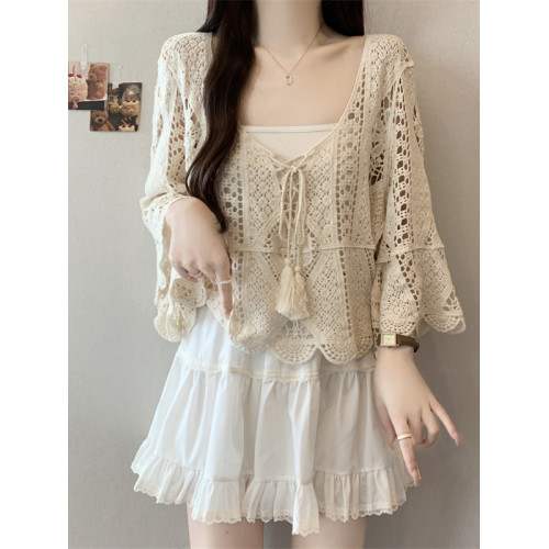 法式鉤花鏤空喇叭袖外搭罩衫女2026夏新款大碼胖mm波西米亞風上衣