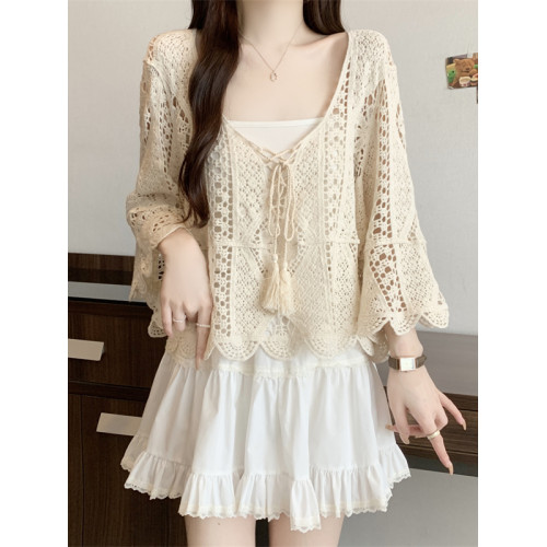 法式鉤花鏤空喇叭袖外搭罩衫女2026夏新款大碼胖mm波西米亞風上衣