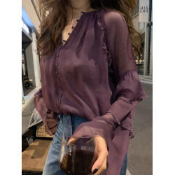 優雅氣質2026夏季防曬襯衣純色別致長袖襯衫上衣顯瘦通勤荷葉邊女