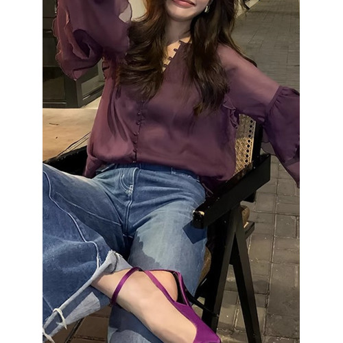 優雅氣質2026夏季防曬襯衣純色別致長袖襯衫上衣顯瘦通勤荷葉邊女 優雅氣質2026夏季防曬襯衣純色別致長袖襯衫上衣顯瘦通勤荷葉邊女